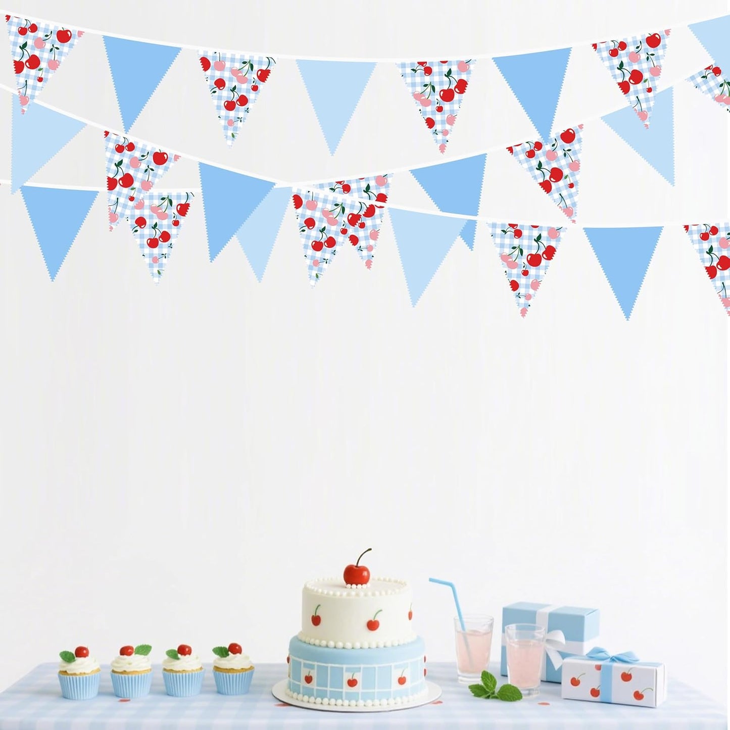 32Ft Dusty Blue Party Decorations Retro Blue Gingham Triangle Banner Flag Pennant Fabric Garland Streamers for Nautical Wedding Birthday Ahoy Achor Bridal Baby Shower Under The Sea Decor Supplies