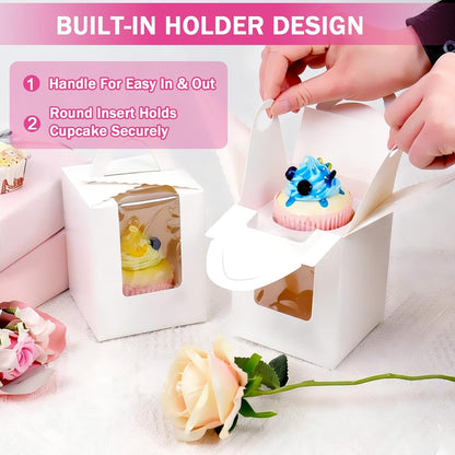 100 Pack Pink Cupcake Boxes Individual with Window, Inserts and Handle, Single Cupcake Containers for Cupcakes, Muffins, Donuts, Cookies, 3.6 x 3.6 x 4.3 Inch