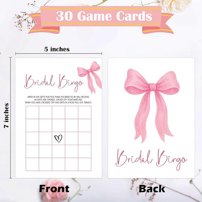 Pink Bow Bridal Shower Bingo Game with Blank Squares, Pack of 30 Game Cards, Bridal Shower Decorations, Wedding Engagement Decor, Bachelorette Party Supplies - KR05