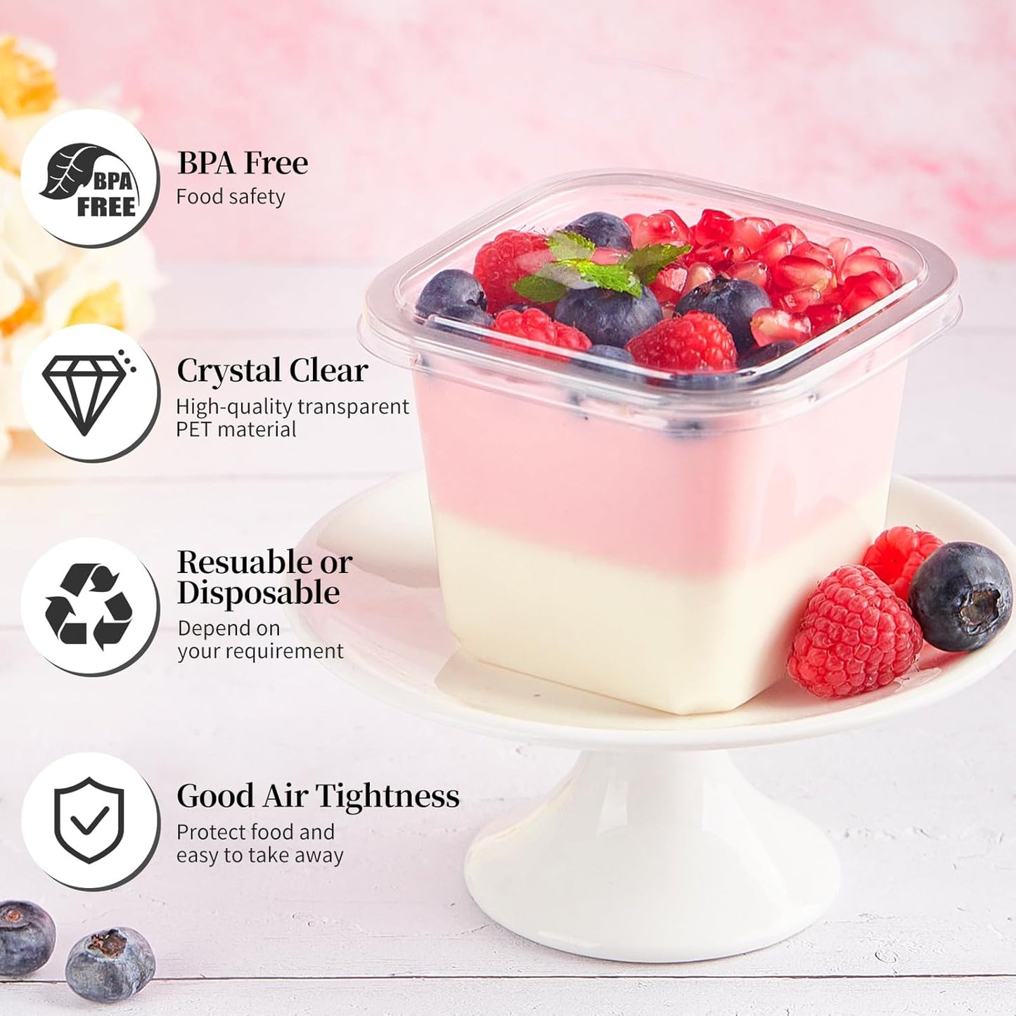 Kucoele 50 Pack 8 oz Plastic Dessert Cups with Lids and Sporks, Clear Square Cake Cups Dessert Containers for Pudding Parfait Fruit Yogurt and Shortcake
