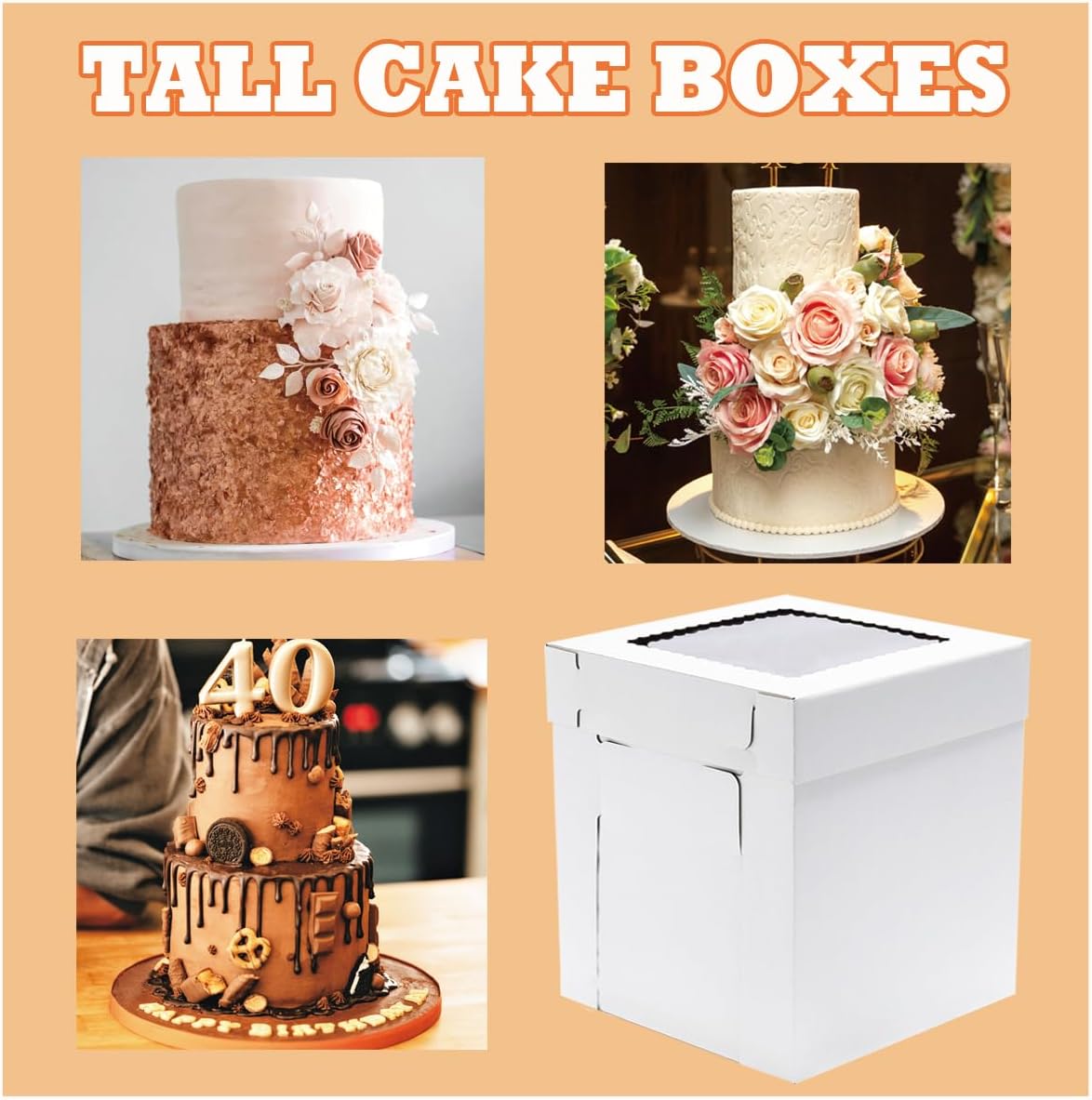 JJO Tall Cake Boxes for Tier Cakes, 6 Pack 10x10x12 Inch,White Cake Boxes with Window,Sturdy Tall Cake Carrier, Disposable Cake Containers
