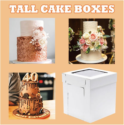 JJO Tall Cake Boxes for Tier Cakes, 6 Pack 10x10x12 Inch,White Cake Boxes with Window,Sturdy Tall Cake Carrier, Disposable Cake Containers