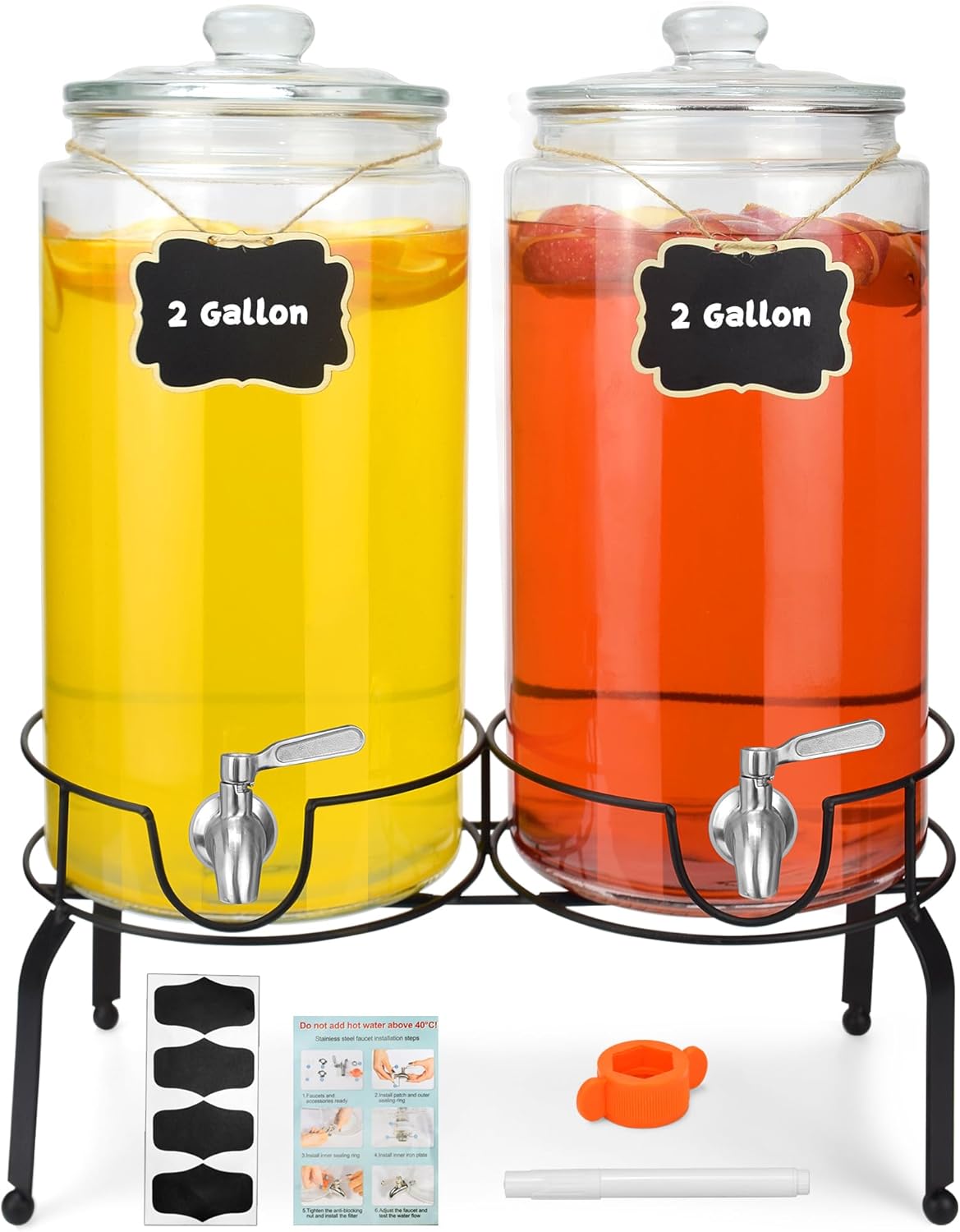 1 Gallon Beverage Dispenser 2 Pack, Stainless Steel Spigot Drink Dispenser for Parties with Stand, Clear Glass Drink Container Easy to Refill and Clean