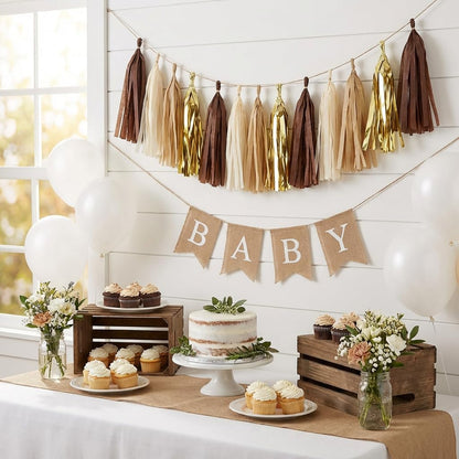 20-Pack Brown and Gold Party Decorations Tissue Tassel Garland Beige Nude Bunting Sign Streamers for Rustic Neutral Espresso Baby Shower Western Cowboy Birthday Graduation Bachelorette Wedding