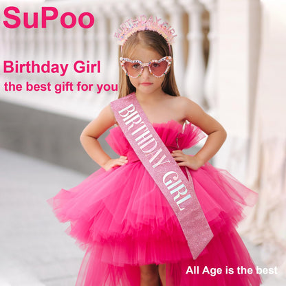 SuPoo Birthday Girl Headband Sash Sunglasses Set, Pink Birthday Accessories for Women Girls Glitter Birthday Crown & Sash Gift Outfit for Party Decorations Fun Glasses