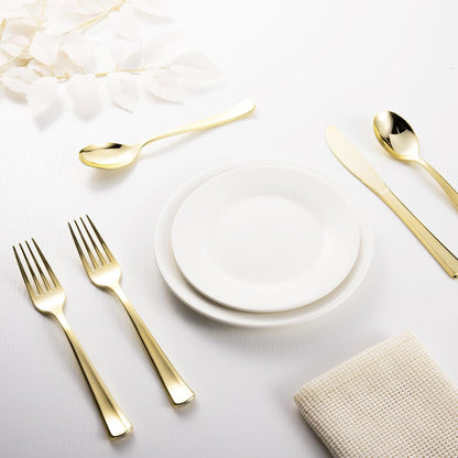 144 Pack Gold Premium Heavy Duty Plastic Silverware, 48 Forks, 48 Spoons, 48 Knives, For Catering, Parties, Dinners and Weddings, BPA-Free, Disposable Plastic Cutlery Set Utensils Set