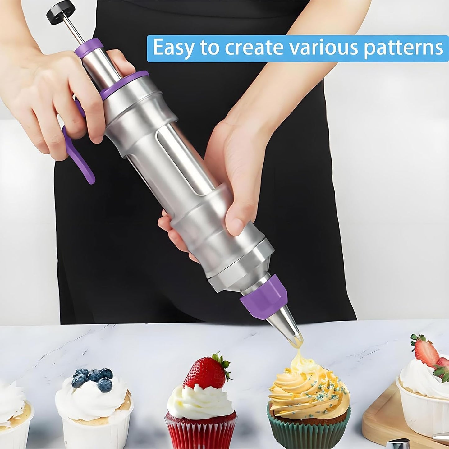 Dessert Decorating Syringe Set, Icing Piping Kit Stainless Steels Cake Decorating Tools 30 Piping Icing Nozzles Cupcake Decorating Kit - Black