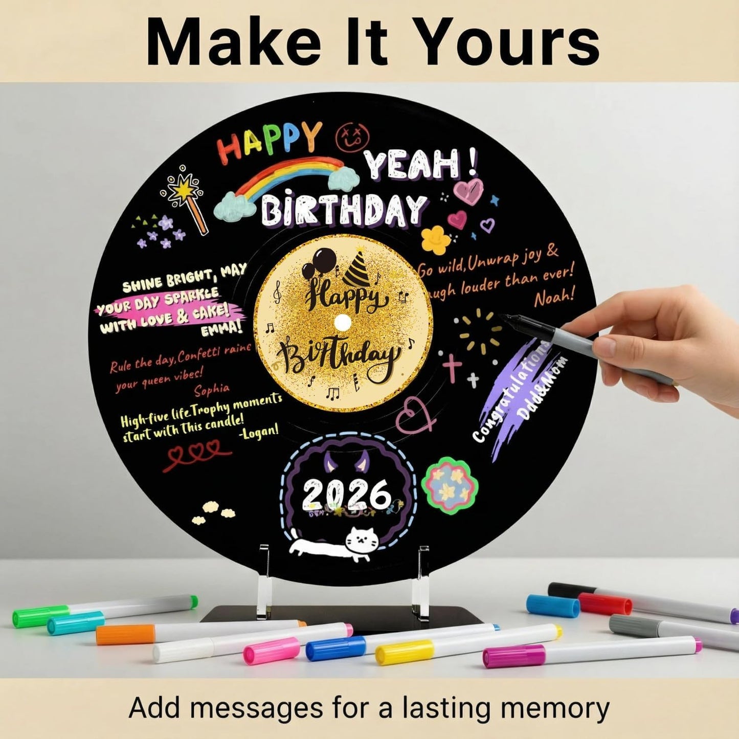 REEGII Vinyl Record Style Birthday Guest Book for Birthday Decorations - Large 11.6"x11.6" Sign-In Poster with 12 Pens | Unique Keepsake Gift for Birthday Party Decor (Happy Birthday, Golden, 11.6"L x 11.6"W)