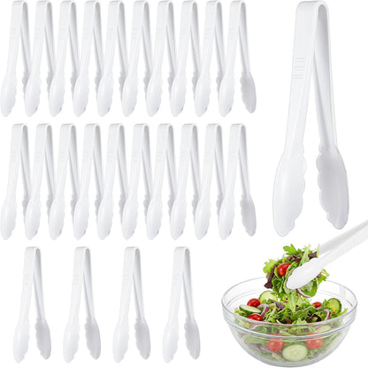Tessco for you 25 Pcs Plastic Tongs for Serving Bulk, 9 Inch Plastic Disposable Serving Tongs, Heavy Duty Salad Tong for Kitchen, Buffet, BBQ, Events & Catering (White)