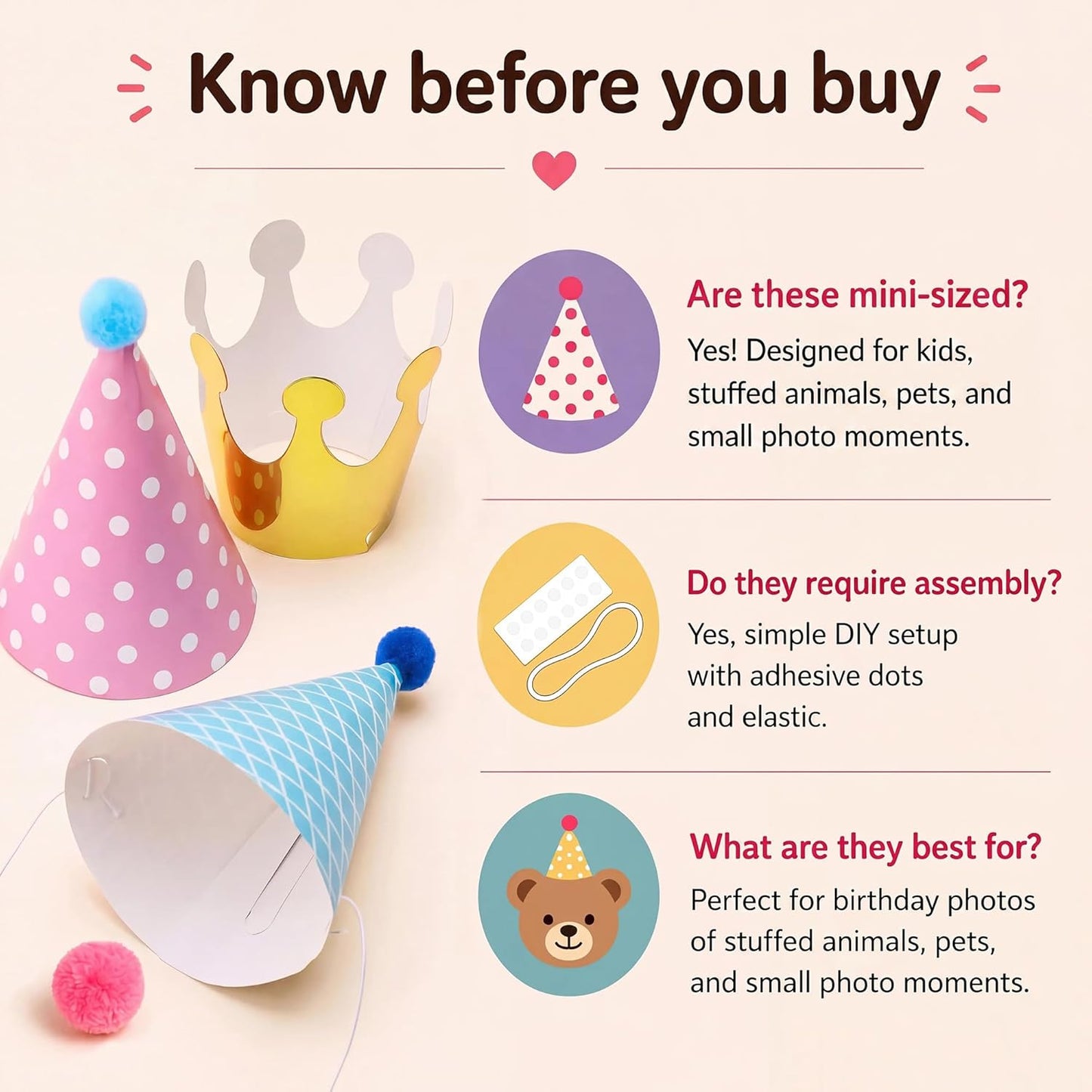 Vesil Mini Kids Birthday Party Hats, Assorted, DIY Assembly Required