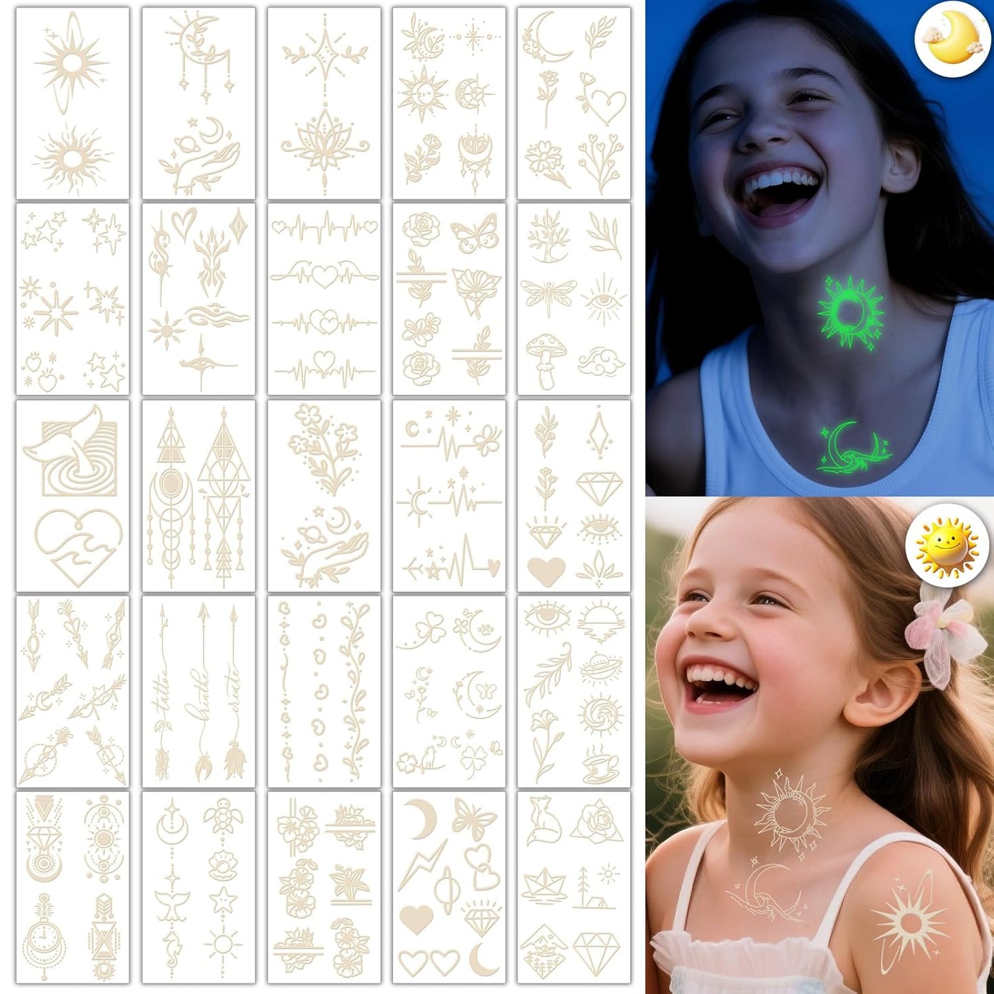 252+ PCS Glow Unicorn Princess Temporary Tattoo for Kids, 36 Sheets Rainbow Castle Candy Star Prince Fake Tattoos Sticker for Girls Boys, Luminous Birthday Magic Fairy Theme Party Favors Decoration