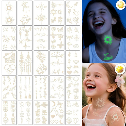 252+ PCS Glow Unicorn Princess Temporary Tattoo for Kids, 36 Sheets Rainbow Castle Candy Star Prince Fake Tattoos Sticker for Girls Boys, Luminous Birthday Magic Fairy Theme Party Favors Decoration