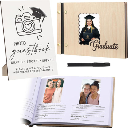 Marspark Graduation Guest Book Set 16 x 9" 90 Pages Wooden Scrapbook Photo Album Photo Guest Book Sign with Pen Graduation Memory for College Gift Congratulations Grad Party Decorations