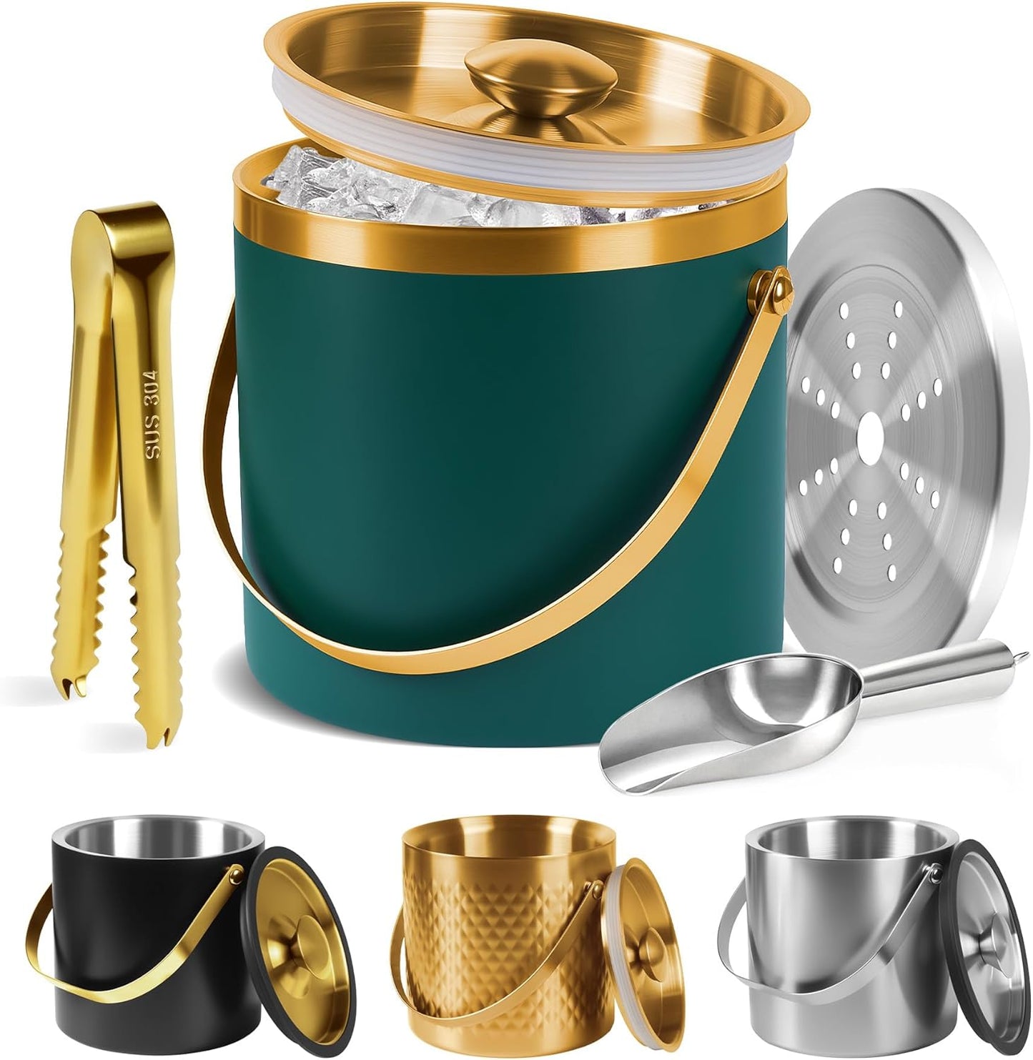 Ice Bucket, Ice Bucket with Silicone Sealing Ring Double-Wall Vacuum Insulation Champagne Buckets with Filter Layer Ice Tongs Ice Scoop (Gold, 3 L)