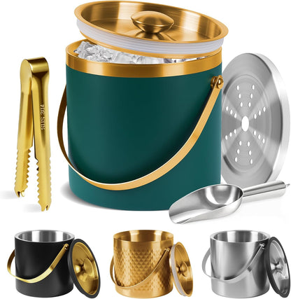Ice Bucket, Ice Bucket with Silicone Sealing Ring Double-Wall Vacuum Insulation Champagne Buckets with Filter Layer Ice Tongs Ice Scoop (Gold, 3 L)