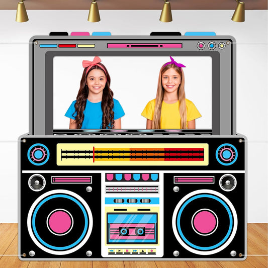 Radio Boombox Photo Booth Props for 80s 90s Party Decorations 59 X 59 Inch, Neon Radio Boombox Selfie Frame Backdrop Hanging Banner Party Supplies for 90s Boys Girls Hip Hop Music Theme Birthday Decor