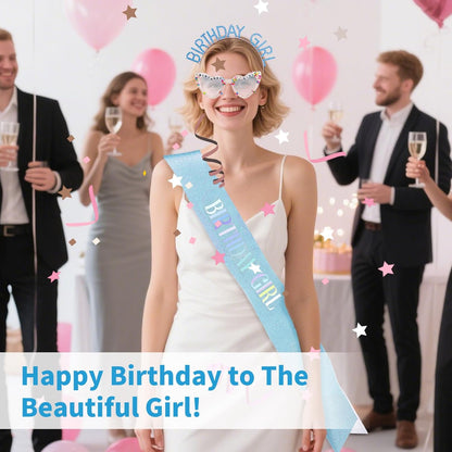 3Pcs Birthday Girl Sash Headband Set-Birthday Sash Tiara and Crown Sunglasses for Girls Women