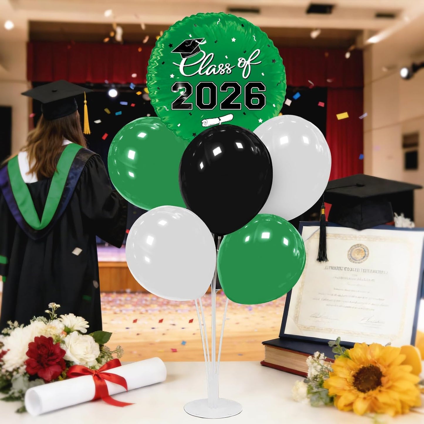 Graduation Decorations - 4 Set Balloon Stands, Class of 2026 Congrats Grad Table Centerpieces for Graduation Party Supplies(Gold& Black)