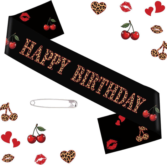 Cheetah Cherry Happy Birthday Sash, Leopard Satin Sash Birthday Decorations Red and Black Party Decorations for Women and Girls