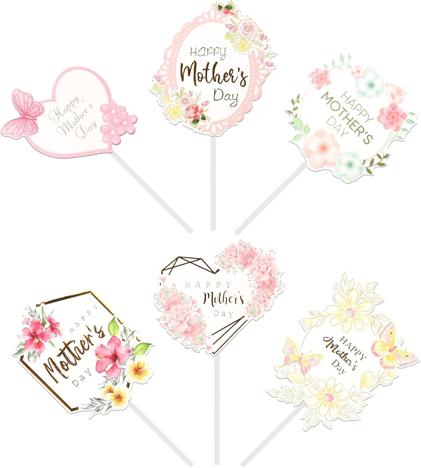 24 PCS Happy Mother's Day Cupcake Toppers with Glitter Heart Love Mother Best Mom Cupcake Picks for Happy Mother's Day Theme Women Birthday Party Cake Decorations Supplies Rose Gold