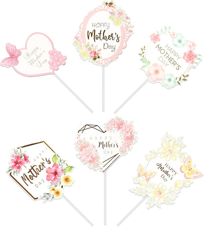 24 PCS Happy Mother's Day Cupcake Toppers with Glitter Heart Love Mother Best Mom Cupcake Picks for Happy Mother's Day Theme Women Birthday Party Cake Decorations Supplies Rose Gold