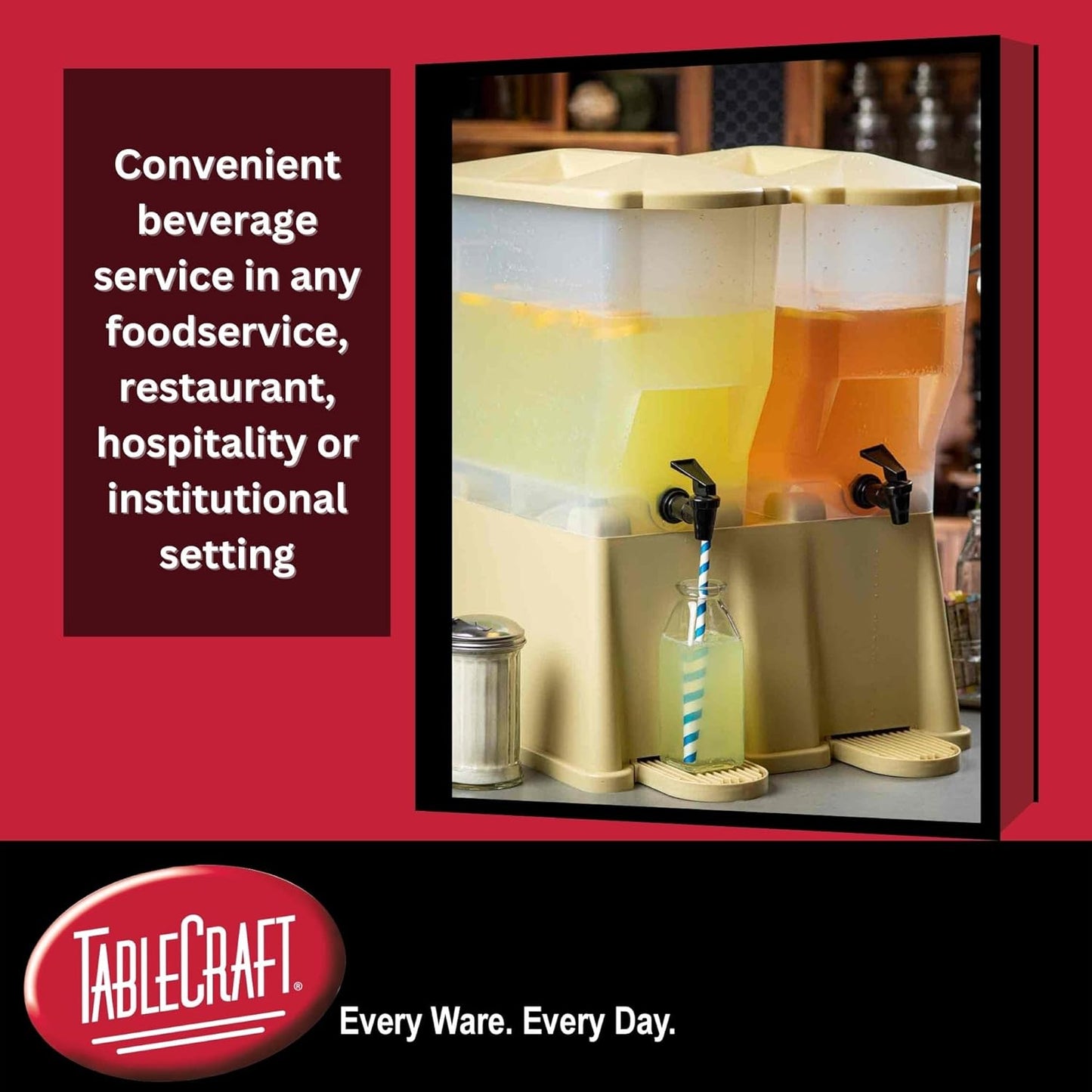 TableCraft TW33DP, 6 Gal Twin Slimline Beverage Dispenser, (2) 3 Gal Clear Reservoirs, Almond Base, Compact Design, Tomlinson Faucets, 8.25" Faucet Clearance, NSF Approved, Made in USA