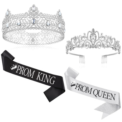 Lyrow 4 Pcs Prom King and Queen Crown Set, Prom King Crown with Sash for Graduation, Queen Tiara with Sash for Grad Couple Accessories Homecoming Birthday Party(Cute,Black,White)