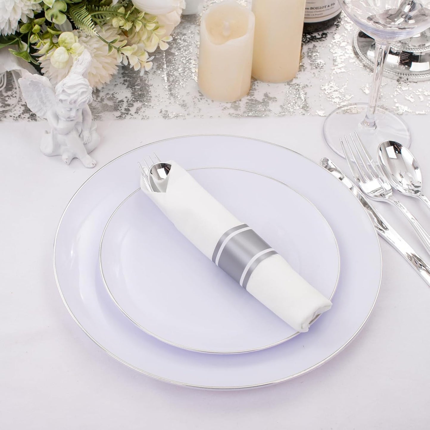 Supernal 240 Silver Plastic Silverware Set - 60 Sets Pre Rolled Napkins with Cutlery - Mirror Polished Real Look Disposable Silver Utensils- Elegant Heavy Duty Flatware for Weddings & Catering