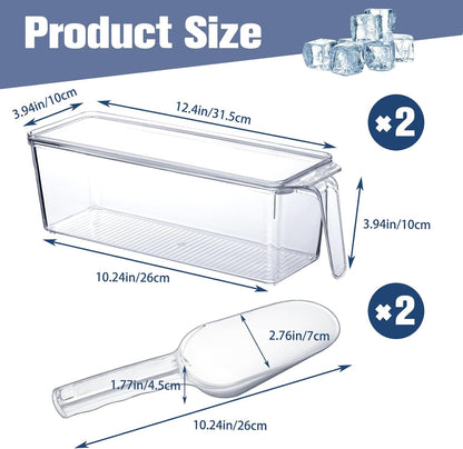 Havawish 4 Pcs Ice Storage Bin for Freezer with Lid and Flexible Scoop Set Plastic Ice Container with Lid Handle for Home Office Fridge Storage (12.4 x 8.07 x 3.94 Inches,Clear)