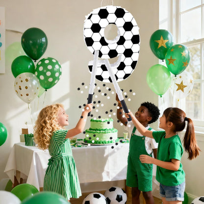 16Inch Soccer Ball Number 9 Piñata Includes Wooden Stick, Blindfold, and Confetti for for Kids 7th Anniversary Sport Themed Party Birthday Supplies