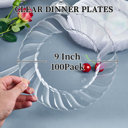 FOCUSLINE 100 Count 6 Inch Clear Plastic Plates, Disposable Heavy Duty Salad Dessert Plates- Premium Hard Plastic Plate Fancy Disposable Clear Plate for Weddings, Parties and Events