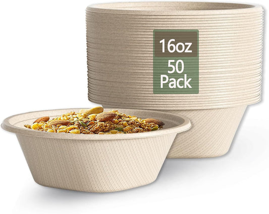 Homestockplus Large Disposable Bowl - Heavy Duty Paper Bowls - Made from Sugarcane and Bamboo Fiber, Microwave Safe - 48 Oz Paper Bowls for Soup, Salad, Ramen, Popcorn, etc.[50/Pack]