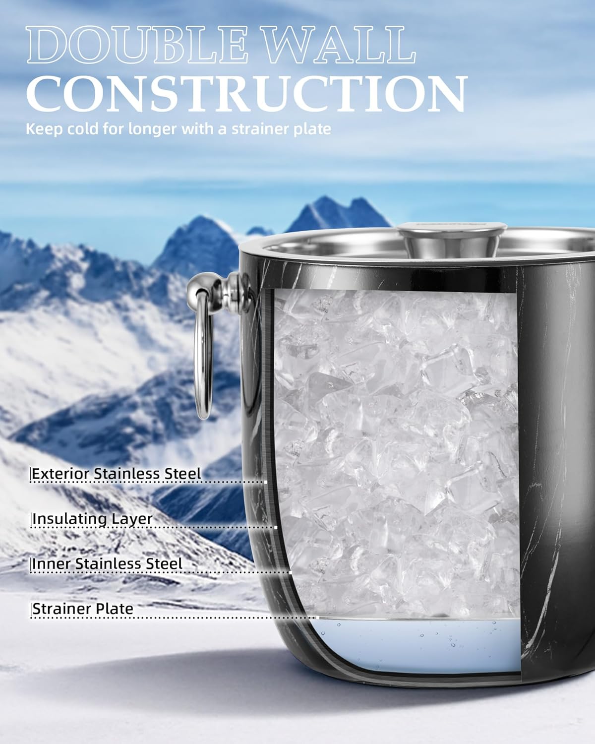 Insulated Ice Bucket, 3L Double Wall Stainless Steel Ice Bucket with Tongs,Lid, Scoop and Strainer, Ice Buckets for Parties,Cocktail Bars, Chilling Beer, Champagne, Wine Bottles,Wood
