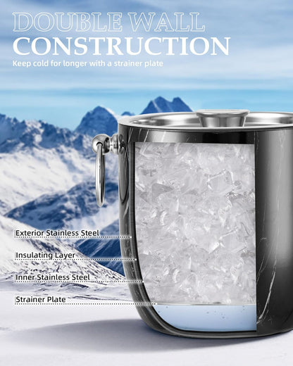 Insulated Ice Bucket, 3L Double Wall Stainless Steel Ice Bucket with Tongs,Lid, Scoop and Strainer, Ice Buckets for Parties,Cocktail Bars, Chilling Beer, Champagne, Wine Bottles,Wood