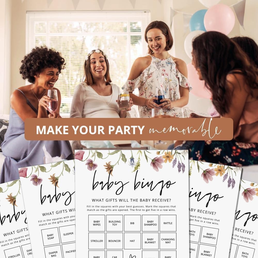 GardenCity Baby Bingo, Fun Baby Shower Games for Girl (50 Unique Cards), Pre-Filled, Perforated Calling Cards, Gender Neutral (Wildflower)