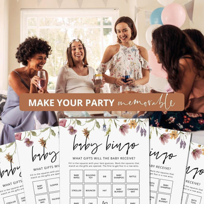 GardenCity Baby Bingo, Fun Baby Shower Games for Girl (50 Unique Cards), Pre-Filled, Perforated Calling Cards, Gender Neutral (Wildflower)