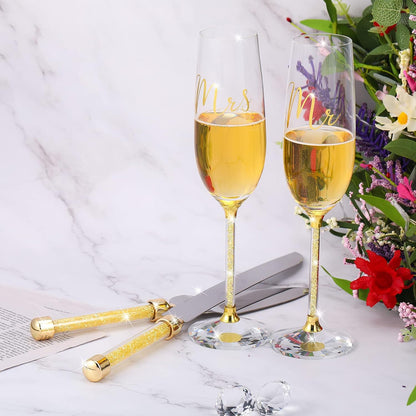 Boao 4 Piece Wedding Cake Knife and Champagne Flutes Server Set Mr and Mrs Toasting Flutes Crystal Rhinestone Cake Cutting Set for Bride and Groom Wedding Engagement Bridal Shower Gifts(Silver)