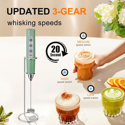 YUSWKO Black Handheld Milk Frother Wand for Coffee, Rechargeable Electric Whisk with 3 Heads 3 Speeds Drink Mixer Coffee Frother For Latte, Cappuccino, Hot Chocolate, Egg