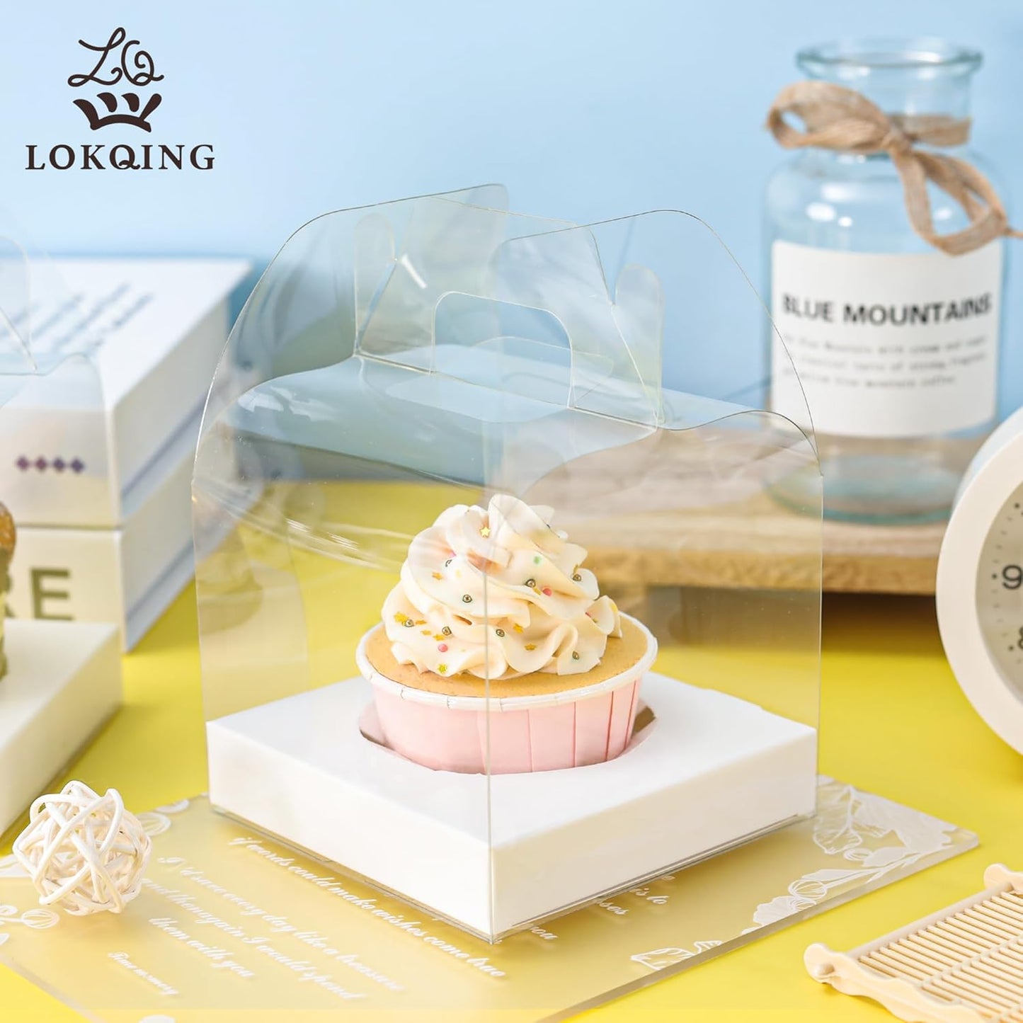 12 PCS Individual Cupcake Containers Single Cupcake Boxes with Handle and Inserts Clear Plastic Favor Boxes
