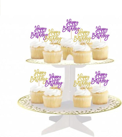 24 PCS Happy Birthday Cupcake Toppers Glitter Picks for Celebrating Anniversary Theme Party Cake Decorations Supplies Gold