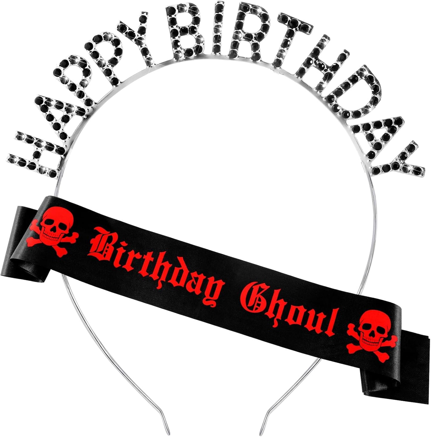 Zeyune 2 Pcs Goth Birthday Decorations Black Gothic Birthday Ghoul Sash with Headband for Girl Women Gothic Spooky Gifts Emo Horror Vampire Party Decorations(Silver,Skull)
