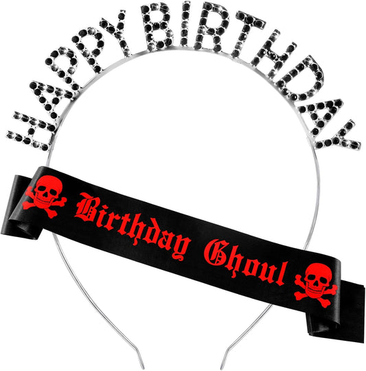 Zeyune 2 Pcs Goth Birthday Decorations Black Gothic Birthday Ghoul Sash with Headband for Girl Women Gothic Spooky Gifts Emo Horror Vampire Party Decorations(Silver,Skull)