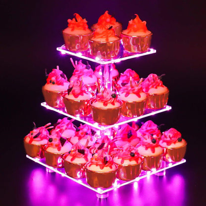 YestBuy Cupcake Stand with Yellow Led Lights, 4 Tier Cupcake Stand for 50 Cupcakes, Acrylic Cupcake Tower Stand, Clear Tiered Cupcake Holder for Birthday Cady Bar Décor Weddings, Parties Events