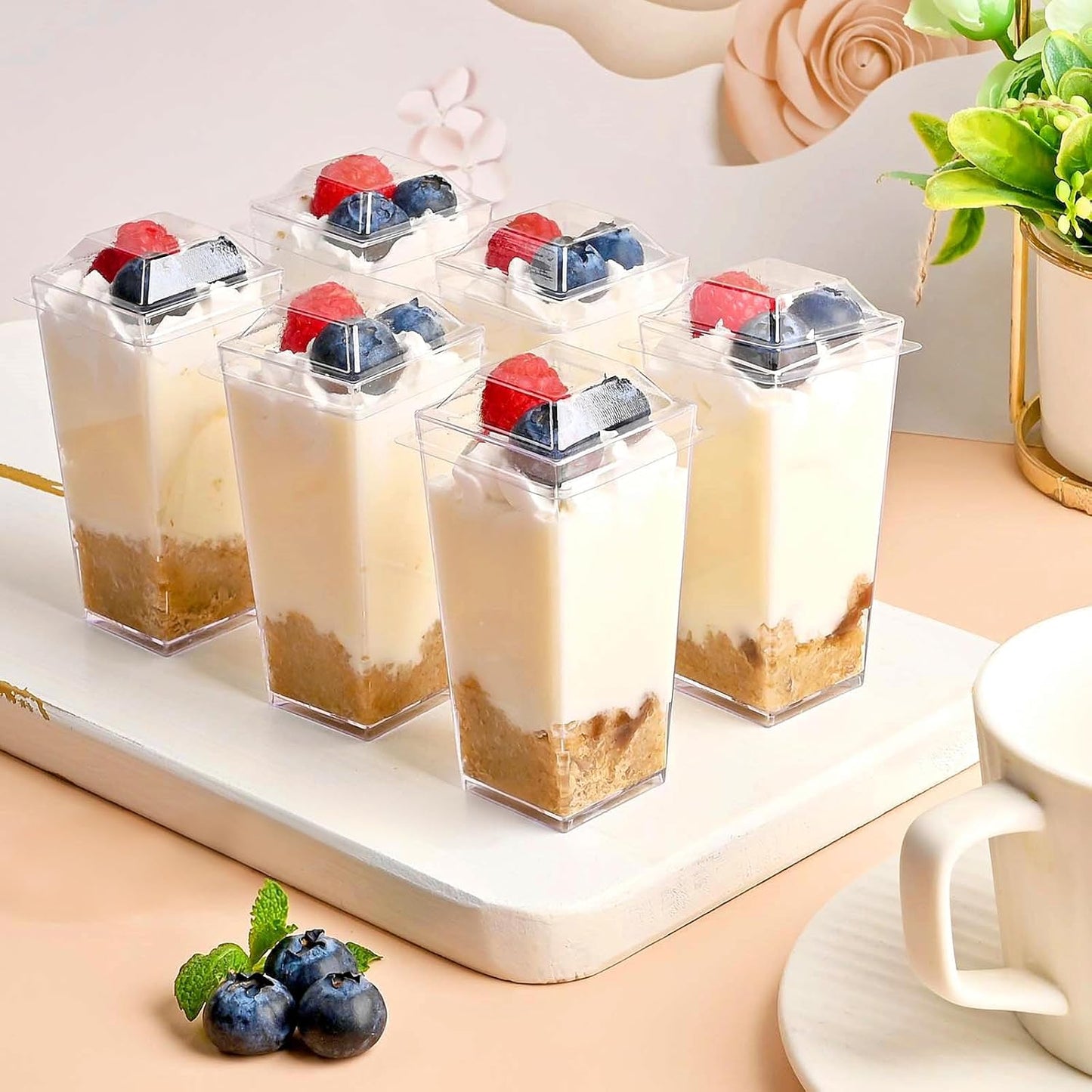 TOFLEN 50 Pack 5 oz Plastic Dessert Cups with High Lids for Party, Mini Dessert Cups with Spoons Dessert Shooter Cups for Yogurt Parfait, Appetizer, Pudding, Fruit and Ice Cream