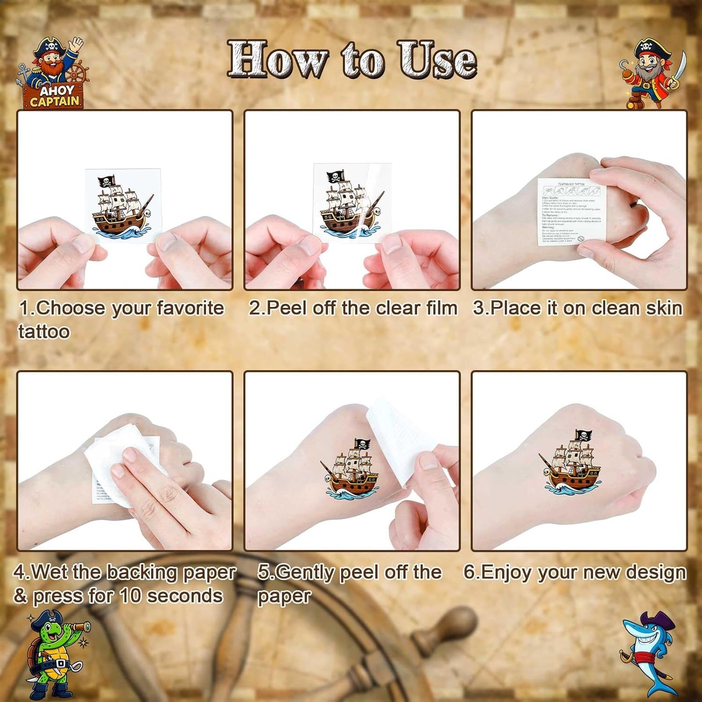Ozepao 100 Pcs Pirate Temporary Tattoos for Kids,（2'' x 2''）Individually Wrapped Tattoos, Pirate Ship Nautical Themed Birthday Decorations, Party Favors Supplies