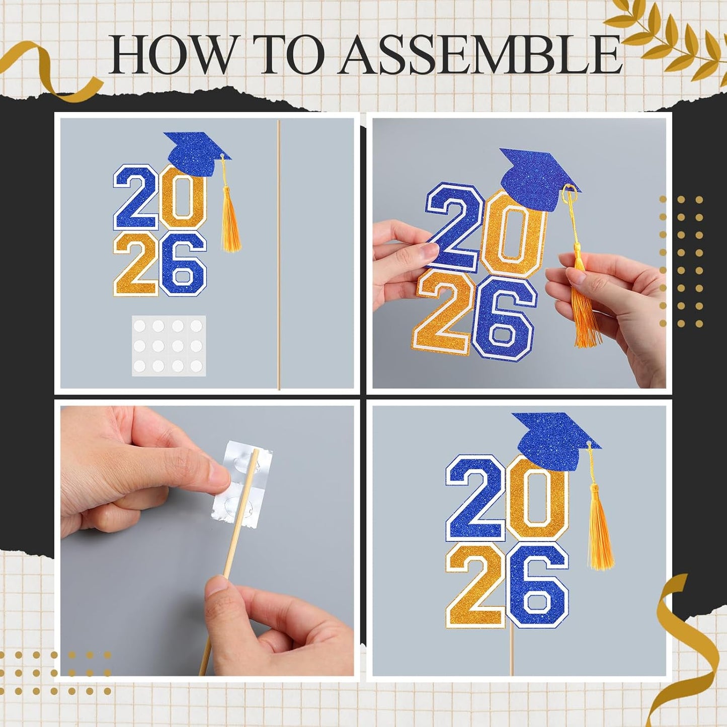 10 Pcs Graduation Table Centerpieces Sticks with Tassels, class of 2026 Grad Cap Picks Table Decoration Cupcake Toppers for Party Centerpiece Decoration Supplies(Blue and Gold)