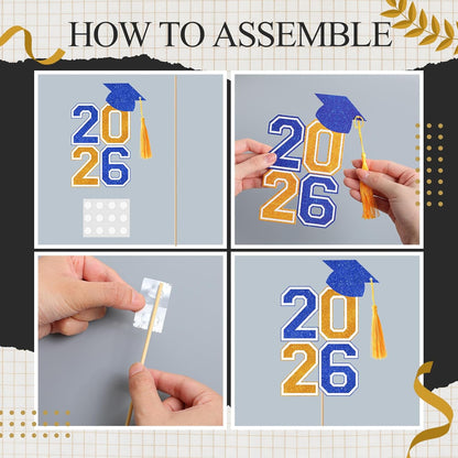 10 Pcs Graduation Table Centerpieces Sticks with Tassels, class of 2026 Grad Cap Picks Table Decoration Cupcake Toppers for Party Centerpiece Decoration Supplies(Blue and Gold)
