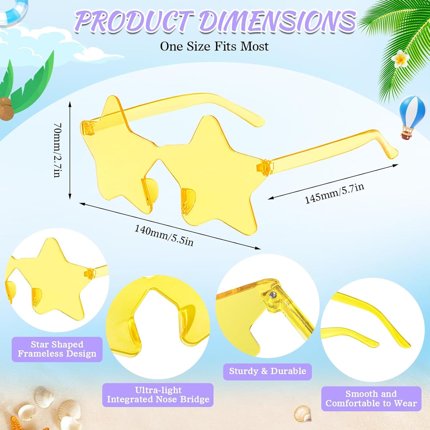 Wholesale 50 Pack Rimless Star Sunglasses Bulk, Fun Colorful Star Party Glasses for Women Men