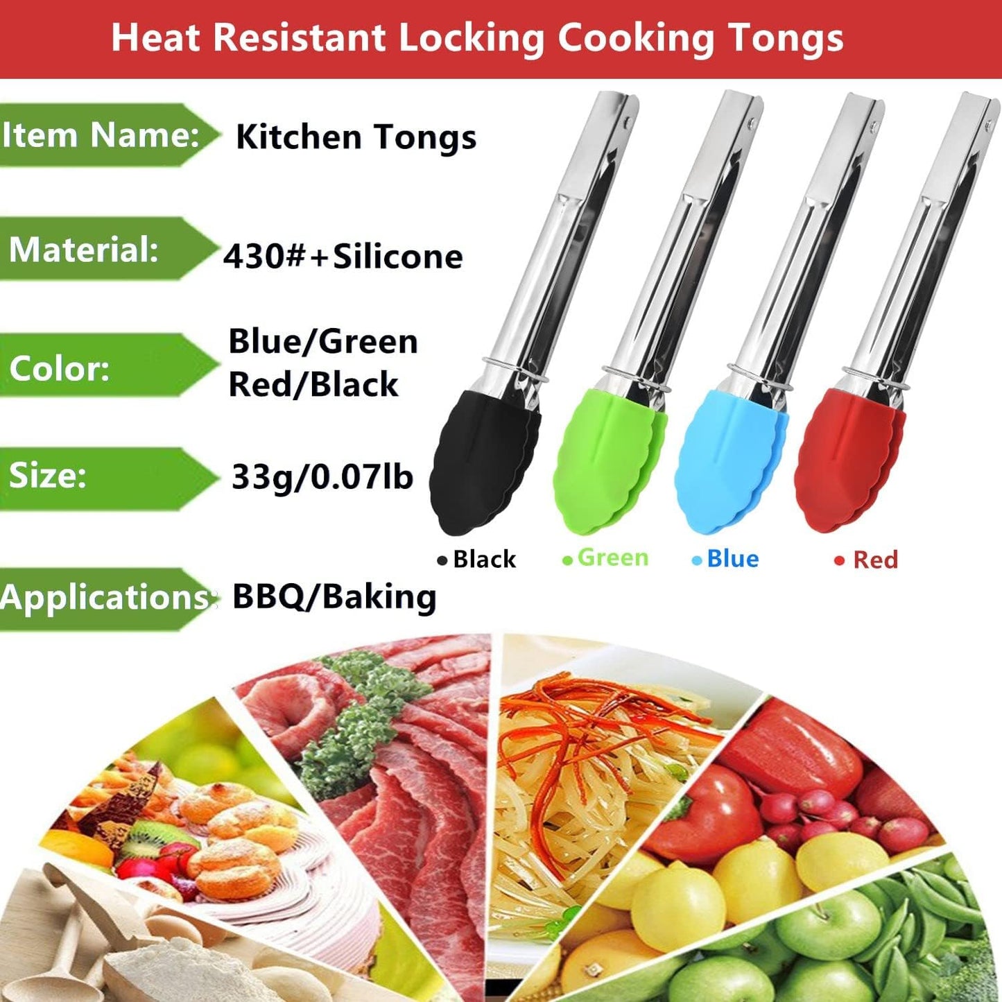 Mini Kitchen Tongs with Silicone Tips, 3-Piece Set, 7-Inch Non-Stick Tongs with Stainless Steel Silicon Handles, Heat Resistant for Cooking & Serving (Red)