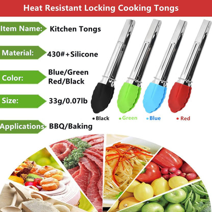 Mini Kitchen Tongs with Silicone Tips, 3-Piece Set, 7-Inch Non-Stick Tongs with Stainless Steel Silicon Handles, Heat Resistant for Cooking & Serving (Red)